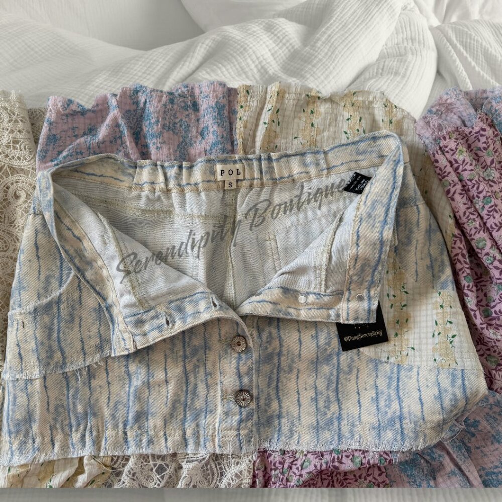 POL Denim Lace & Floral Flowy Baggy Mixed Fabric Cotton Twill Maxi Jean Skirt - Picture 6 of 13